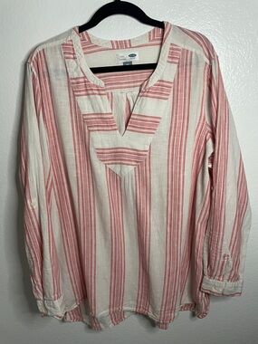 Old Navy Popover Tunic Linen Blend Red White Stripe Size XXL Nautical Coastal